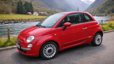 Red Fiat 500 rental car in Flåm, Norway